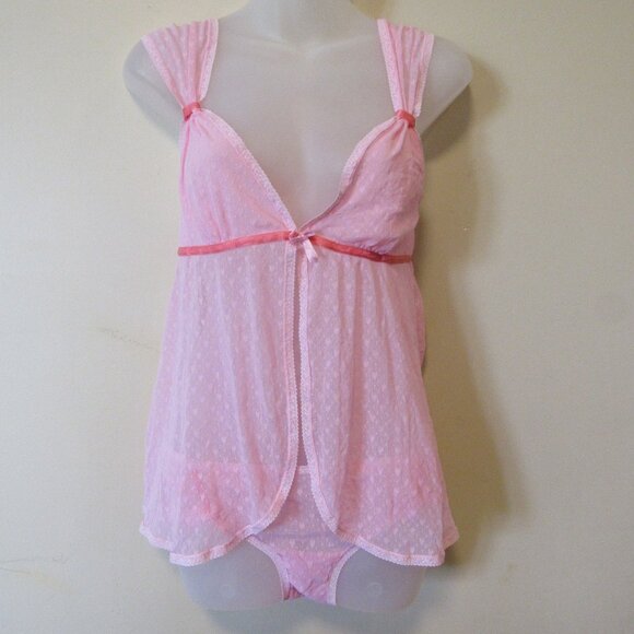 NEW Vtg Y2K Victoria’s Secret Angels Babydoll Pink Heart Mesh Top Panty Set M 05 - Picture 1 of 5